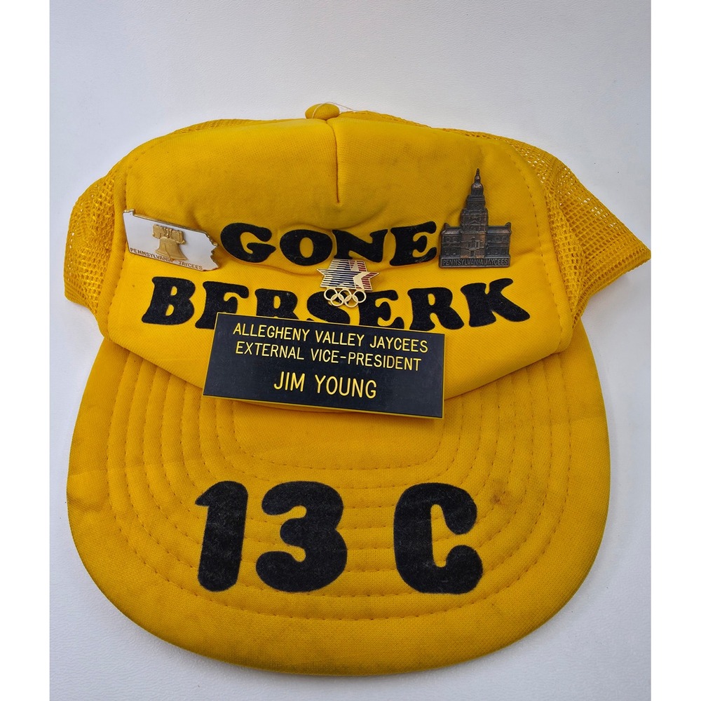 Vintage Sportcap Yellow Trucker Hat Allegheny Valley Jaycees Gone Berserk Pins